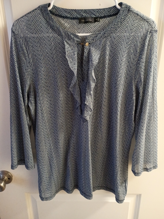 The Limited Tops - The Limited Blue Chevron Ruffle Neck Blouse